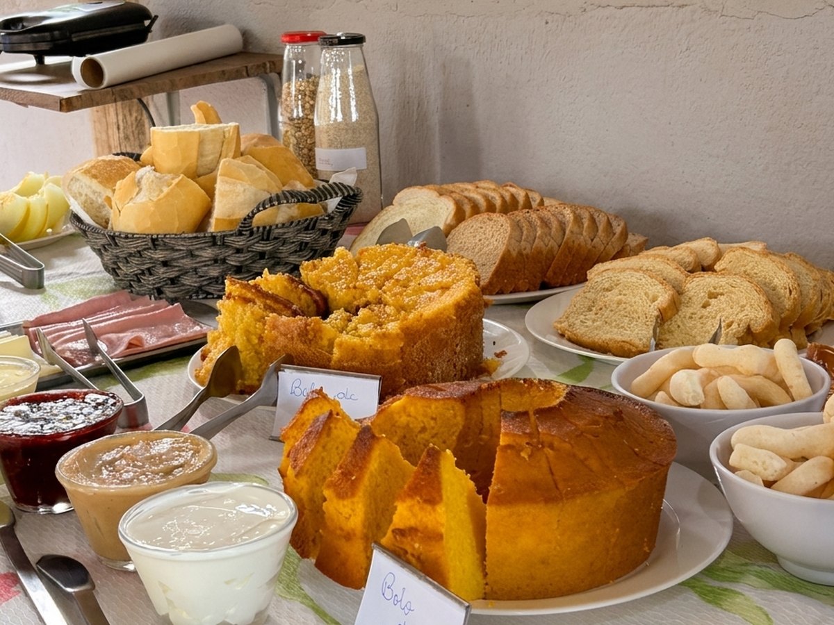 Bolos caseiros e pães na mesa do café