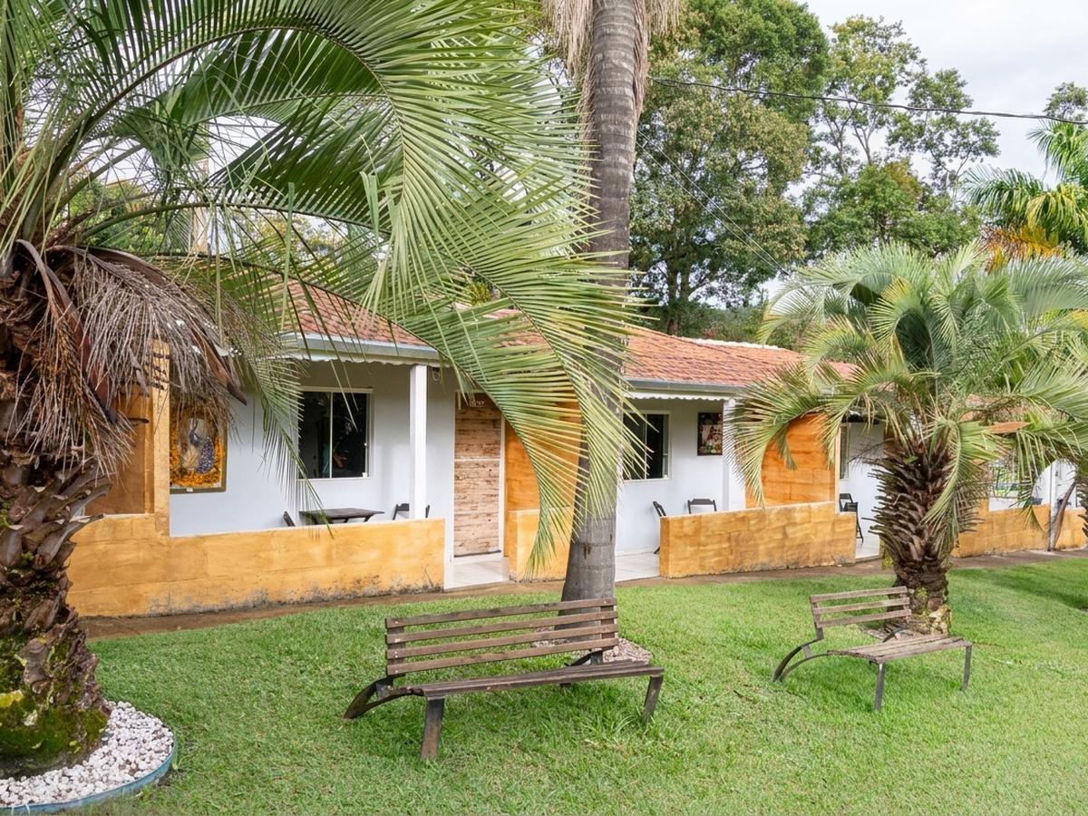 Chalés vistos do jardim, com palmeiras e bancos de madeira no gramado